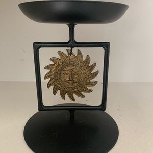Vintage Metal Pillar Candle Holder Black Brass Hanging Sun Decor 6"